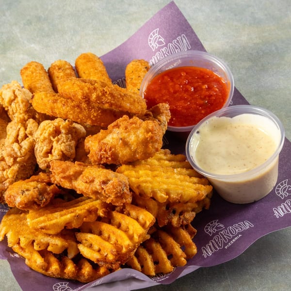 Ambrosia Pizzeria's fried platter with chicken, mozzarella sticks, waffle fries, marinara, and ranch.