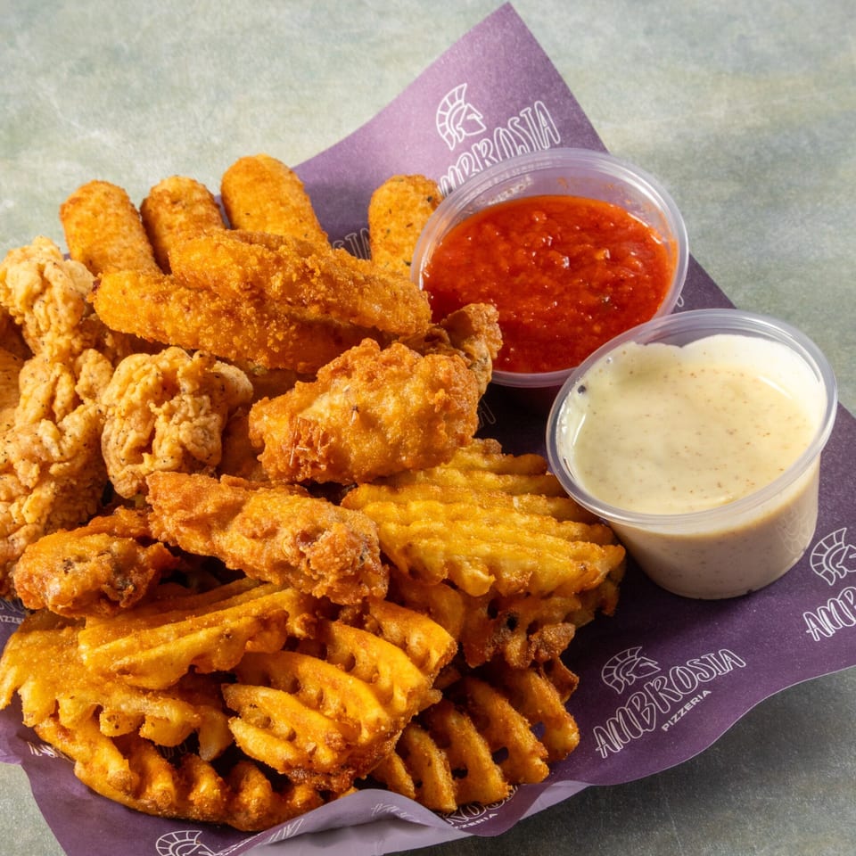 Ambrosia Pizzeria's fried platter with chicken, mozzarella sticks, waffle fries, marinara, and ranch.