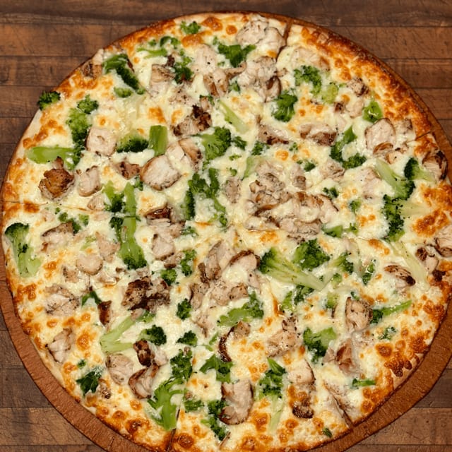 Chicken Broccoli Alfredo Gourmet Pizza.